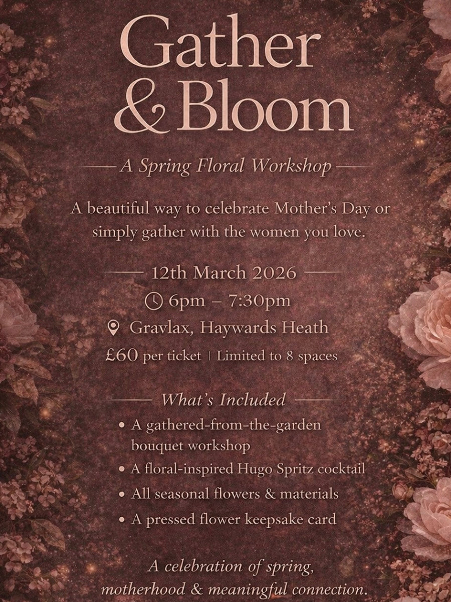 Advertisement for a Spring Floral Workshop titled 'Gather & Bloom' with floral design elements.
